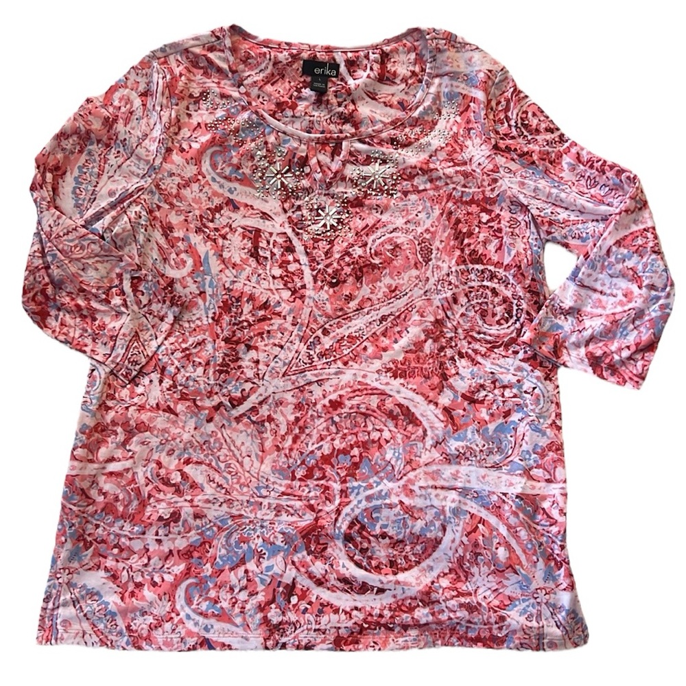 🌻Erika Printed and Bedazzled Neck 3/4 Sleeve Top